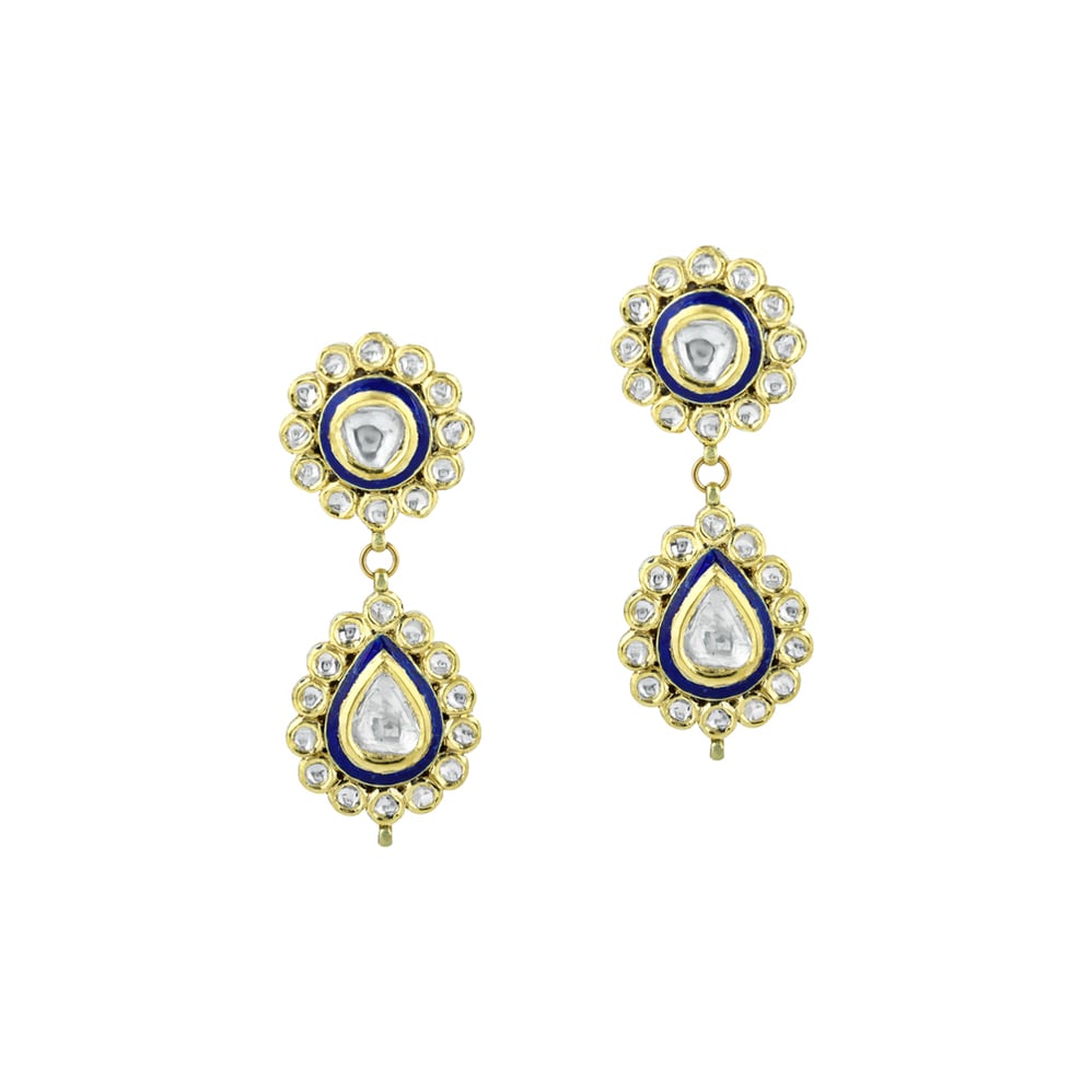 Polki Earrings with Blue Enamel and Drop